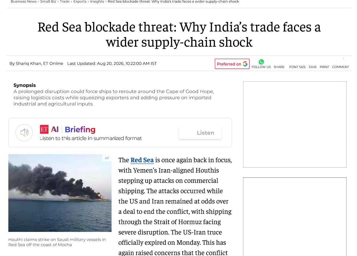 Red Sea blockade threat: Why India’s trade faces a wider supply-chain shock